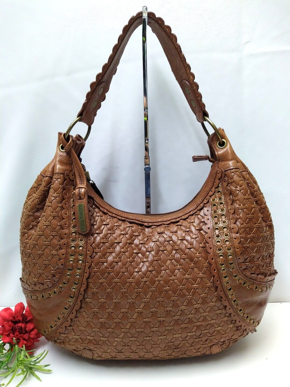 Isabella Fiore Brown Leather Woven Zipper Hobo Shoulder Bag